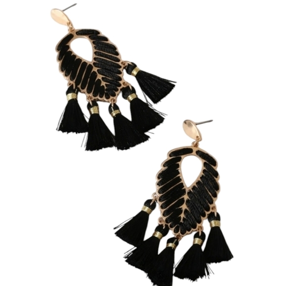 INC Fashion Gold Tone Black Tassel Earrings - Picture 1 of 6